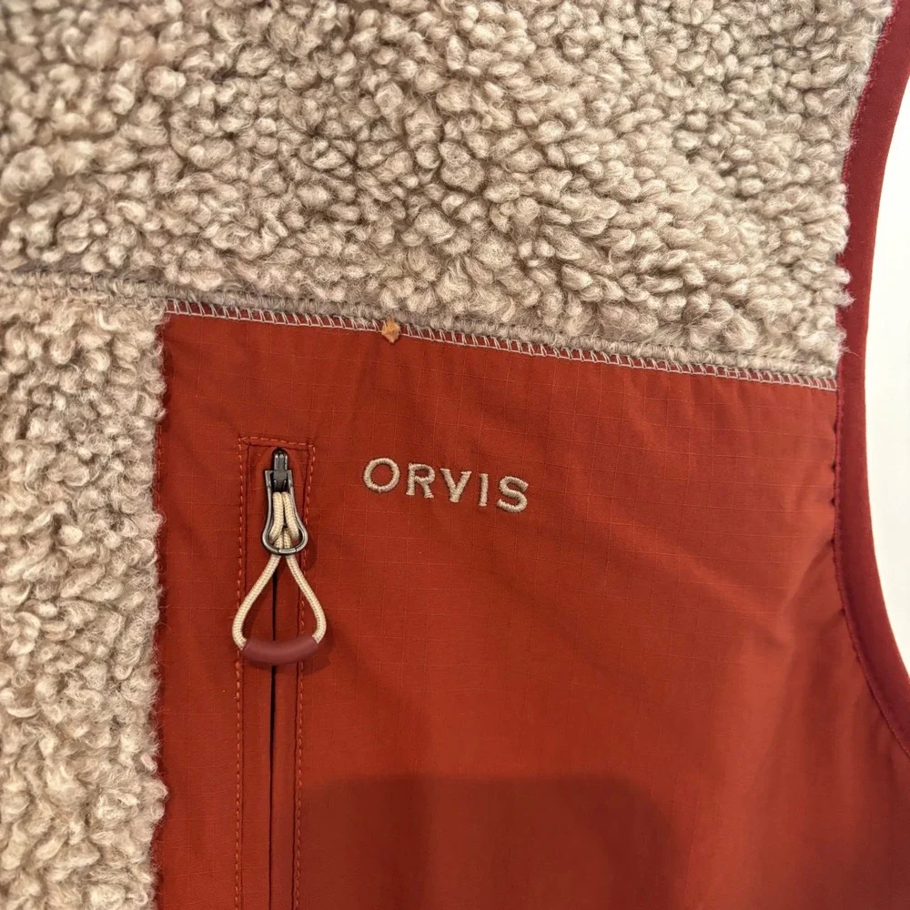 Orvis Mens Sherpa Fleece Vest Tan Beige Rust Red Full Zip Mock Neck Large